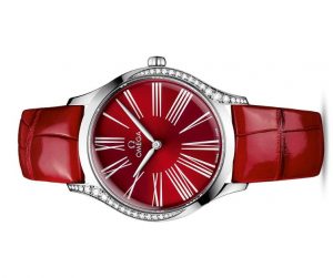 The wine red dial fake watch has a wine red strap.