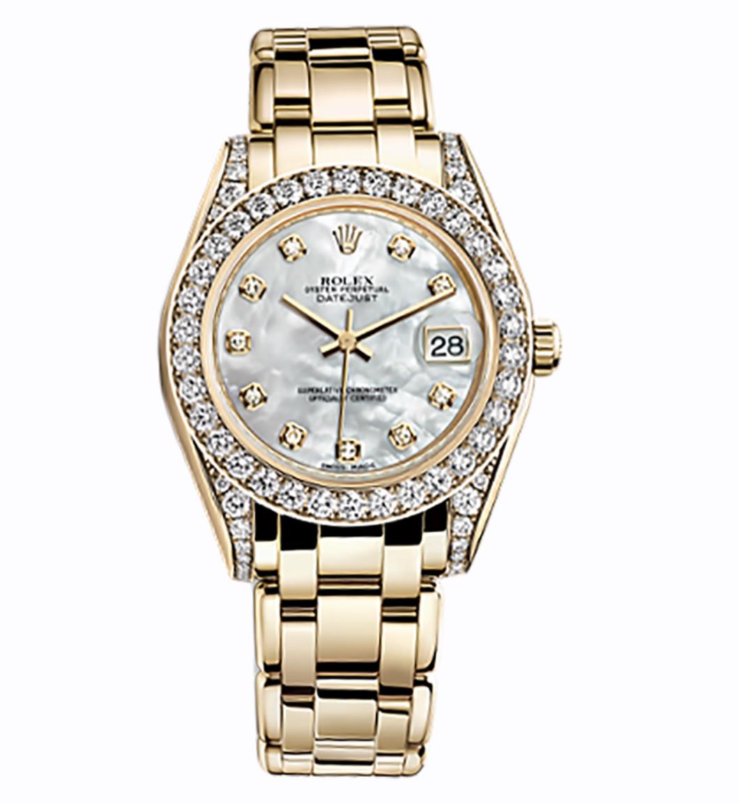 The white dial fake watch is decorated with diamonds.